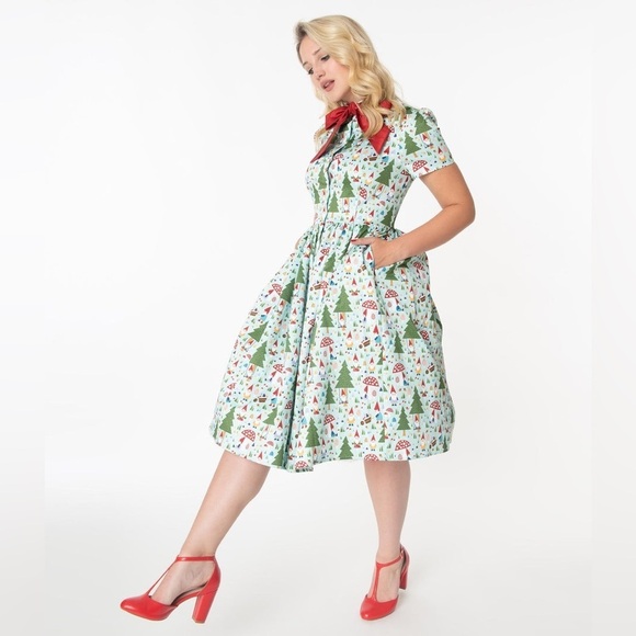 NWOT Unique Vintage Cora Swing Dress – Forest Gnome Christmas Scene Sz 3X - Picture 13 of 14